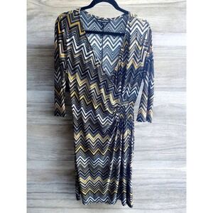 Mlle Gabrielle Womens Dress Large Black Gold Off White Zig Zag Chevron Faux Wrap
